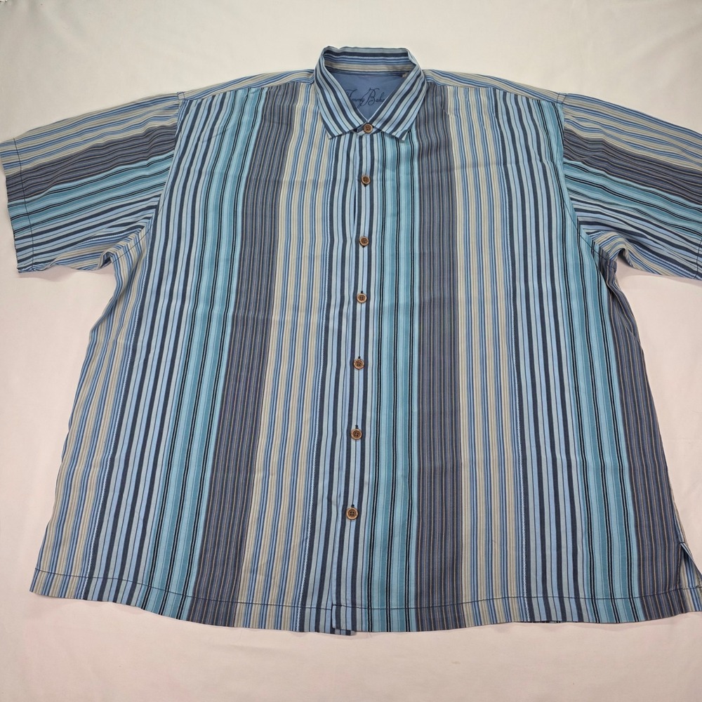 Tommy Bahama Mens XXL Blue Striped Short Sleeve Tencel Button Down Shirt - Picture 1 of 7